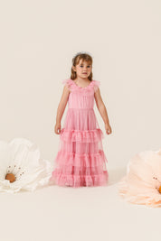 Vestido Infantil em Tule com Babados na Gola e Saia Volumosa em Camadas - Jardim Rosa