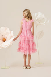 Vestido Infantil em Tule com Babados na Gola e Saia Volumosa em Camadas - Jardim Rosa
