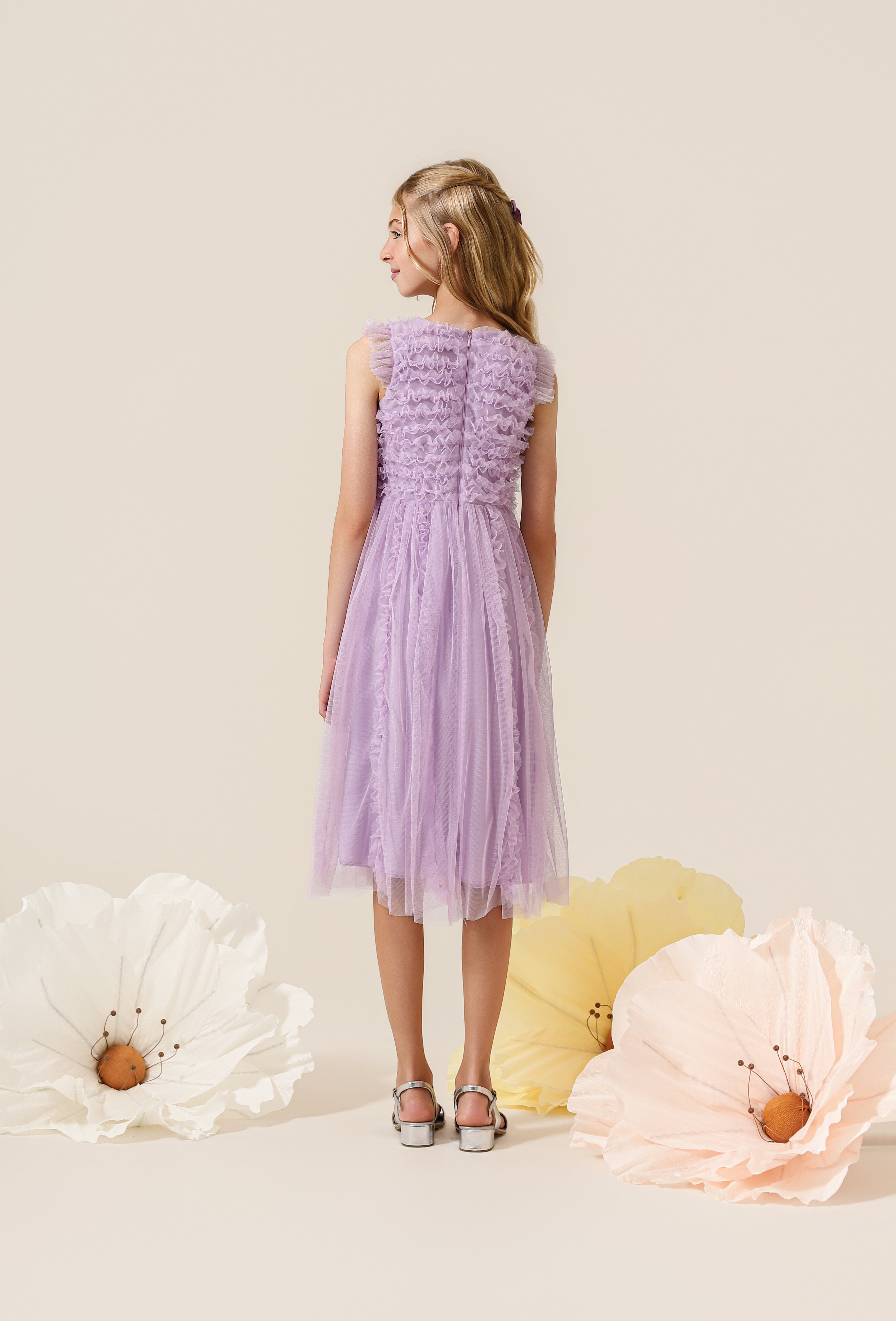Vestido Infantil em Tule com Frufru no Busto e Frufru Verticais na Saia - Belle Lilás