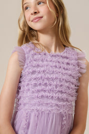 Vestido Infantil em Tule com Frufru no Busto e Frufru Verticais na Saia - Belle Lilás