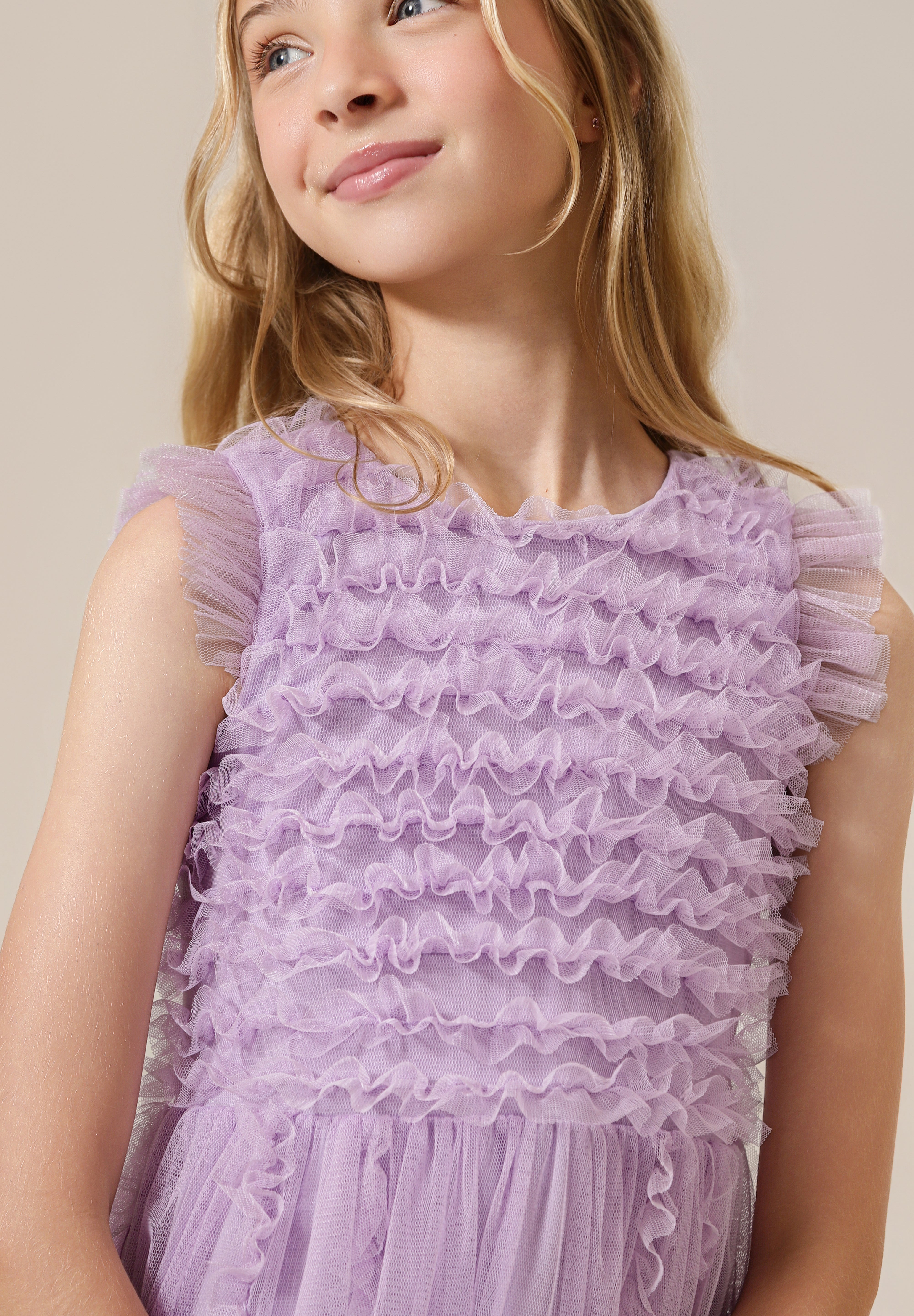Vestido Infantil em Tule com Frufru no Busto e Frufru Verticais na Saia - Belle Lilás