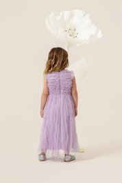 Vestido Infantil em Tule com Frufru no Busto e Frufru Verticais na Saia - Belle Lilás