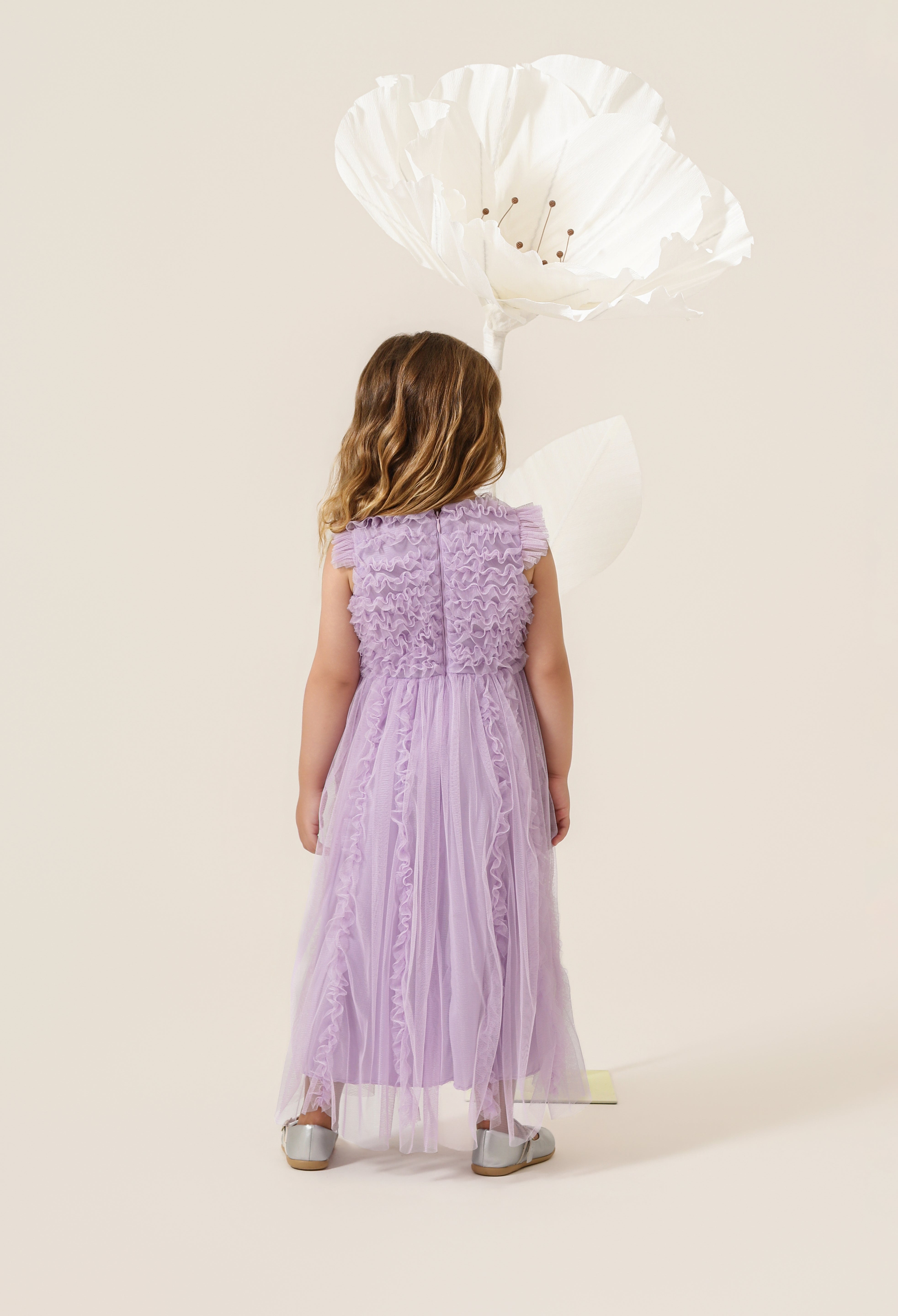 Vestido Infantil em Tule com Frufru no Busto e Frufru Verticais na Saia - Belle Lilás