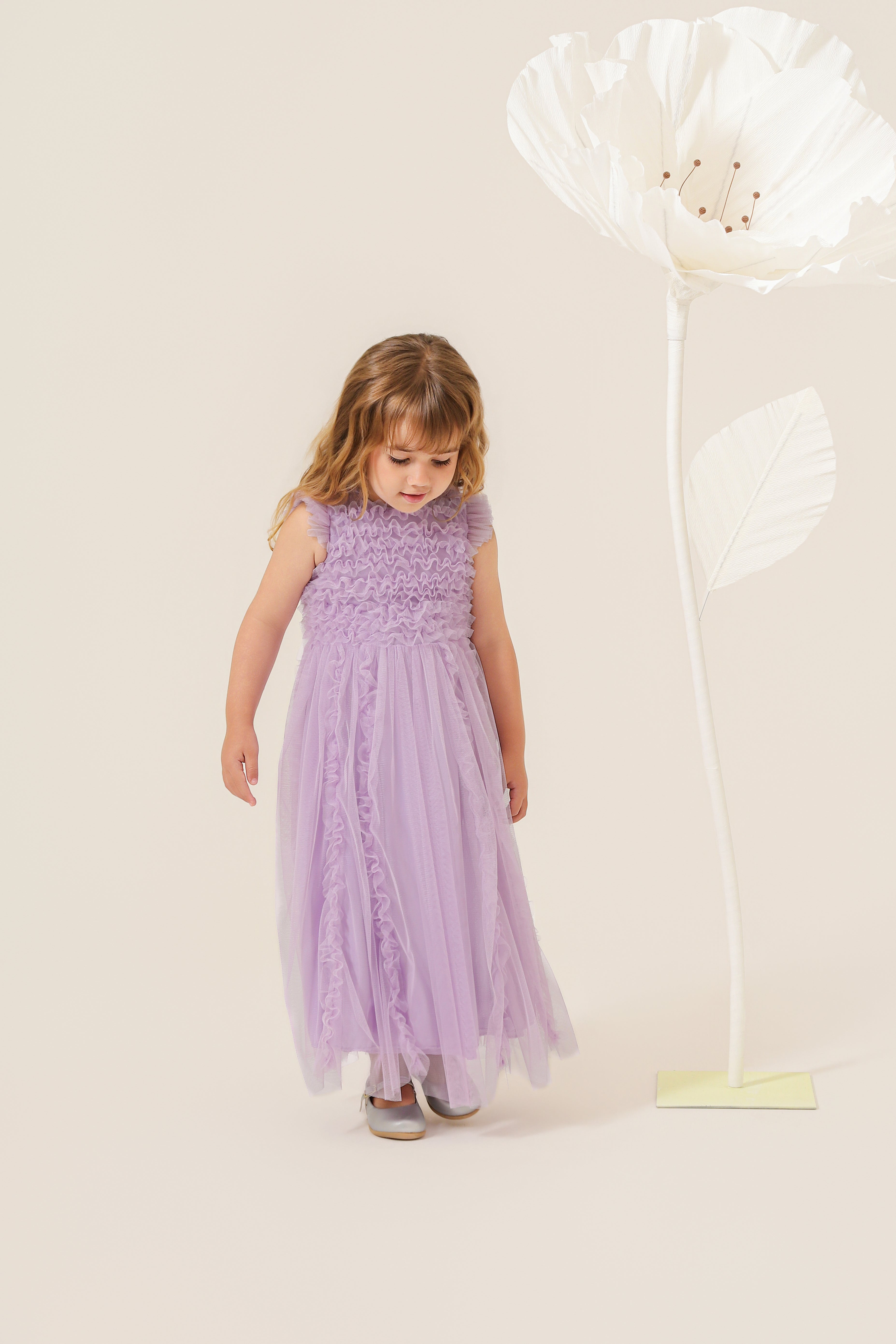 Vestido Infantil em Tule com Frufru no Busto e Frufru Verticais na Saia - Belle Lilás