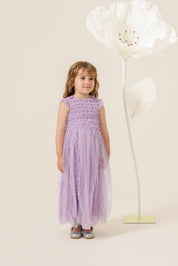 Vestido Infantil em Tule com Frufru no Busto e Frufru Verticais na Saia - Belle Lilás