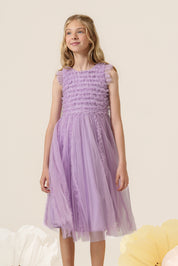 Vestido Infantil em Tule com Frufru no Busto e Frufru Verticais na Saia - Belle Lilás