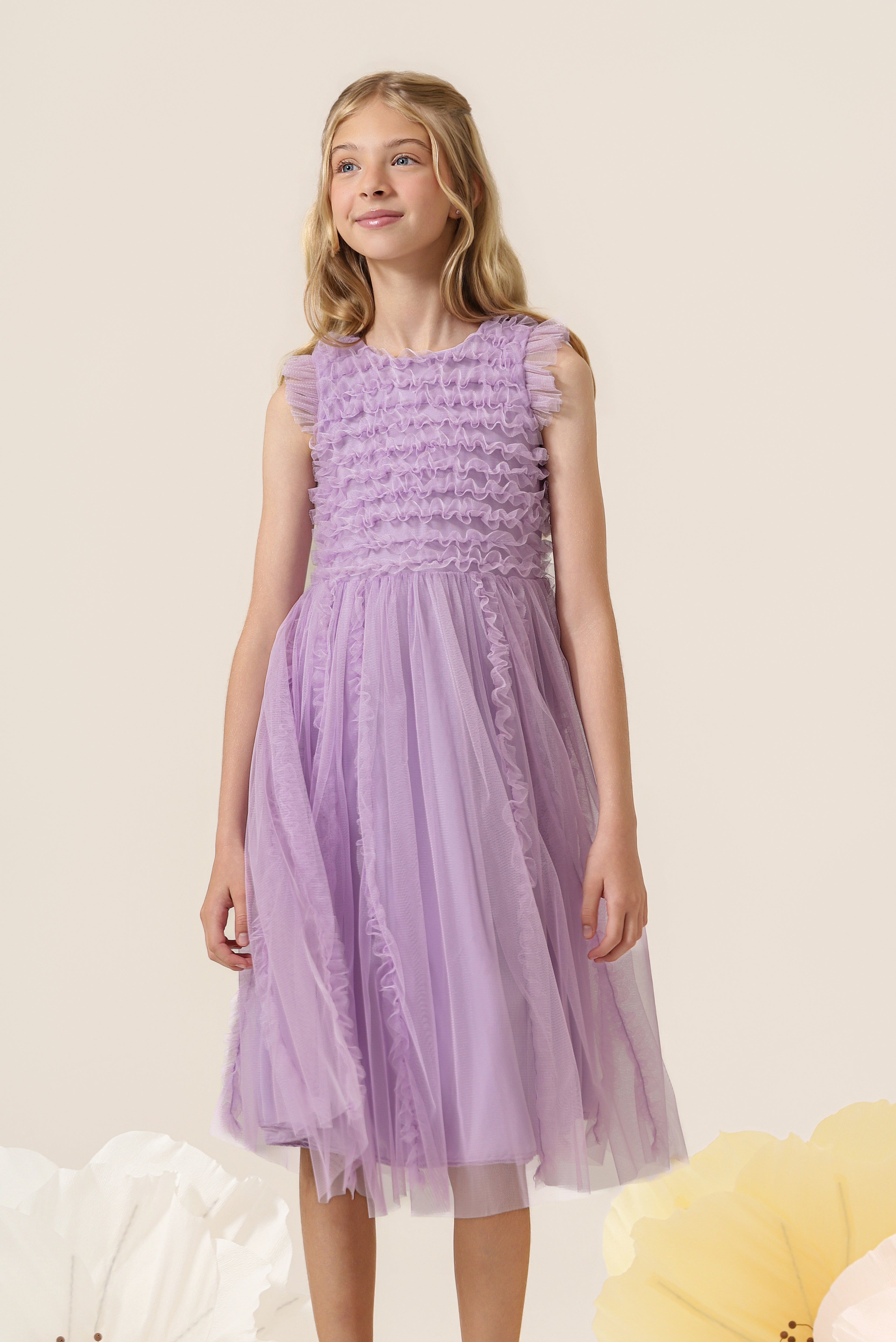 Vestido Infantil em Tule com Frufru no Busto e Frufru Verticais na Saia - Belle Lilás