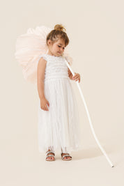 Vestido Infantil em Tule com Frufru no Busto e Frufru Verticais na Saia - Belle Off White