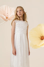 Vestido Infantil em Tule com Frufru no Busto e Frufru Verticais na Saia - Belle Off White