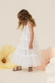 Vestido Infantil em Tule com Busto Liso, Frufru nas Alças e na Saia - Amora Off White