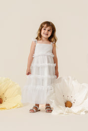 Vestido Infantil em Tule com Busto Liso, Frufru nas Alças e na Saia - Amora Off White