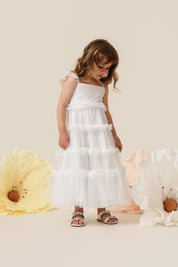 Vestido Infantil em Tule com Busto Liso, Frufru nas Alças e na Saia - Amora Off White