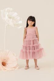 Vestido Infantil em Tule com Busto Liso, Frufru nas Alças e na Saia - Amora Rose