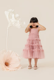 Vestido Infantil em Tule com Busto Liso, Frufru nas Alças e na Saia - Amora Rose