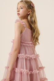 Vestido Infantil em Tule com Busto Liso, Frufru nas Alças e na Saia - Amora Rose