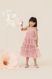 Vestido Infantil em Tule com Busto Liso, Frufru nas Alças e na Saia - Amora Rose