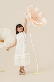 Vestido Infantil em Tule com Detalhes em Babados no Corpo e na Saia - Flor Off White