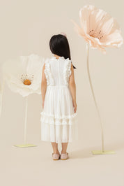 Vestido Infantil em Tule com Detalhes em Babados no Corpo e na Saia - Flor Off White