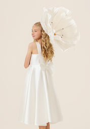 Vestido Infantil em Zibeline com Decote Canoa, Saia Ampla com Pregas e Laço Removível - Encanto Off White