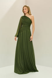 Vestido Longo com Decote de Ombro Único, Manga Longa e Franzidos - Adana Verde Oliva Claro
