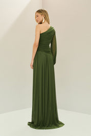 Vestido Longo com Decote de Ombro Único, Manga Longa e Franzidos - Adana Verde Oliva Claro