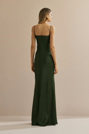 Vestido Longo de Cetim com Decote Coração Franzido - Croácia Verde Oliva Escuro