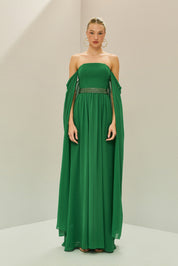 Vestido Longo de Chiffon com Mangas Longas, Decote Reto, Saia Ampla e Cinto Bordado - Gâmbia Verde Bandeira