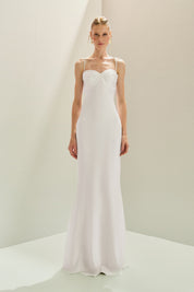 Vestido Longo em Cetim com Decote Coração, Busto Franzido e Alças Finas - Croácia Off White
