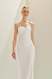 Vestido Longo em Cetim com Decote Coração, Busto Franzido e Alças Finas - Croácia Off White