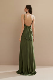 Vestido Longo em Cetim com Decote Degagê com Alças Finas e Amarração nas Costas - Líbano Verde Oliva