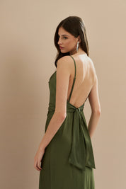 Vestido Longo em Cetim com Decote Degagê com Alças Finas e Amarração nas Costas - Líbano Verde Oliva
