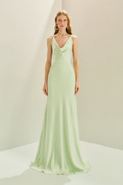 Vestido Longo em Cetim com Decote Degagê com Alças Finas e Amarração nas Costas - Líbano Verde Menta