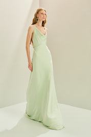 Vestido Longo em Cetim com Decote Degagê com Alças Finas e Amarração nas Costas - Líbano Verde Menta