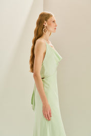 Vestido Longo em Cetim com Decote Degagê com Alças Finas e Amarração nas Costas - Líbano Verde Menta