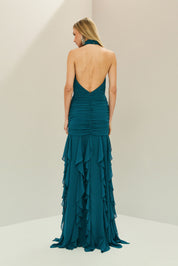 Vestido Longo em Chiffon Frente Única com Drapeado na Cintura e Babados em Cascata - Pienza Azul Petróleo