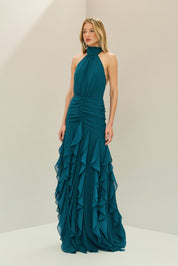 Vestido Longo em Chiffon Frente Única com Drapeado na Cintura e Babados em Cascata - Pienza Azul Petróleo