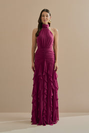 Vestido Longo em Chiffon Frente Única com Drapeado na Cintura e Babados em Cascata - Pienza Fúcsia