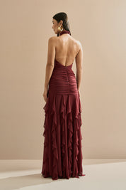 Vestido Longo em Chiffon Frente Única com Drapeado na Cintura e Babados em Cascata - Pienza Marsala