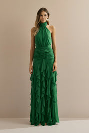 Vestido Longo em Chiffon Frente Única com Drapeado na Cintura e Babados em Cascata - Pienza Verde Bandeira