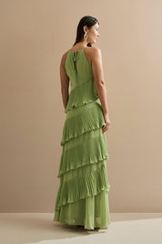 Vestido Longo em Chiffon com Decote Americano e Recortes em Camadas Plissadas Assimétricas - Sacramento Verde Matchá