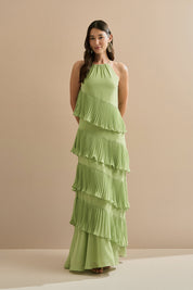 Vestido Longo em Chiffon com Decote Americano e Recortes em Camadas Plissadas Assimétricas - Sacramento Verde Matchá