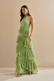 Vestido Longo em Chiffon com Decote Americano e Recortes em Camadas Plissadas Assimétricas - Sacramento Verde Matchá