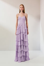 Vestido Longo em Chiffon com Decote Coração, Alças Finas e Saia em Babados - Indonésia Lilás | Lavanda