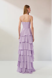 Vestido Longo em Chiffon com Decote Coração, Alças Finas e Saia em Babados - Indonésia Lilás | Lavanda