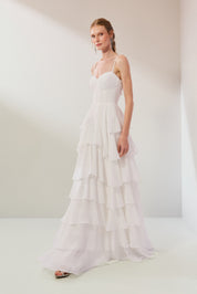 Vestido Longo em Chiffon com Decote Coração, Alças Finas e Saia em Babados - Indonésia Off White