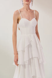Vestido Longo em Chiffon com Decote Coração, Alças Finas e Saia em Babados - Indonésia Off White