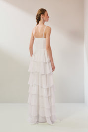 Vestido Longo em Chiffon com Decote Coração, Alças Finas e Saia em Babados - Indonésia Off White