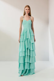 Vestido Longo em Chiffon com Decote Coração, Alças Finas e Saia em Babados - Indonésia Verde Tiffany
