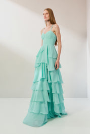 Vestido Longo em Chiffon com Decote Coração, Alças Finas e Saia em Babados - Indonésia Verde Tiffany