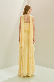 Vestido Longo em Chiffon com Decote Reto, Babados na Saia e Echarpe - Catalunha Amarelo Manteiga